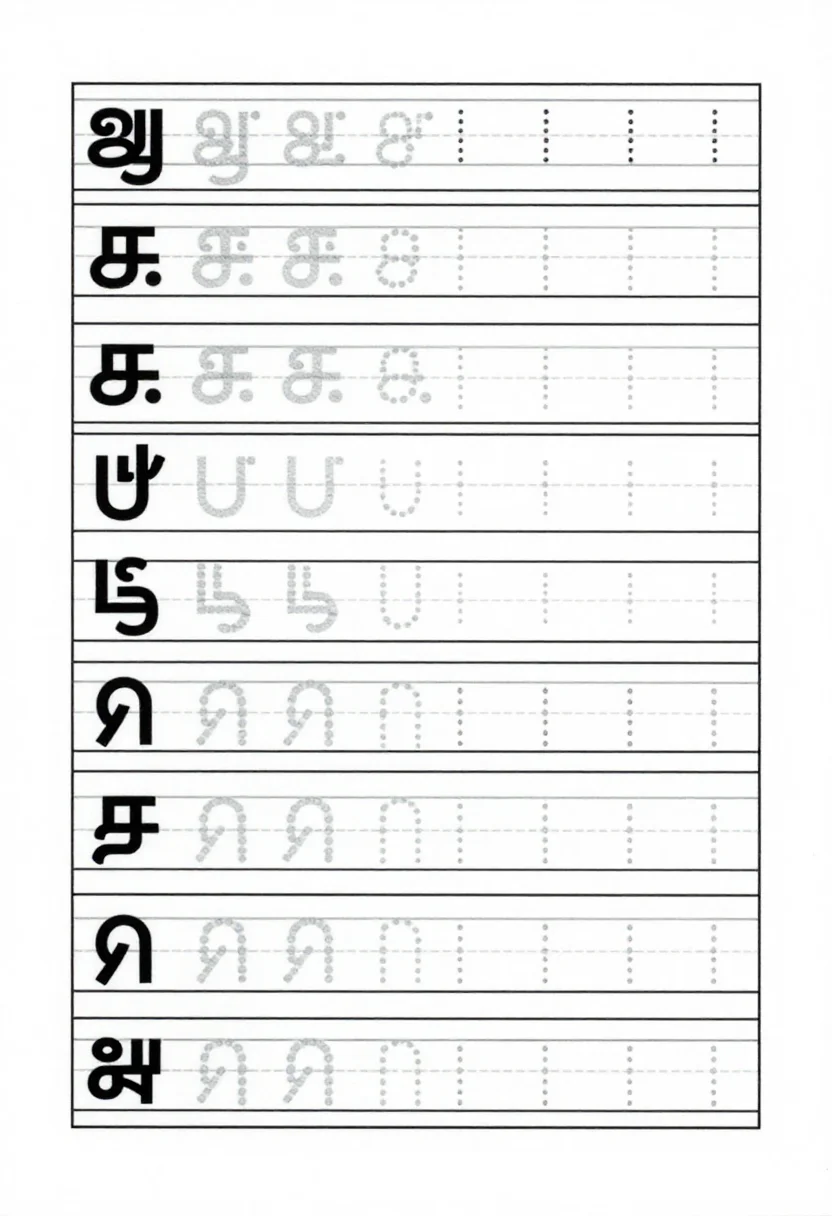 Tamil letter tracing — a Tamil letter tracing page of the twelve uyir ezhuthukkal "அ ஆ இ ஈ உ ஊ எ ஏ ஐ ஒ ஓ ஔ", each solid at the left of a handwriting row and repeated in dotted form, a clean school-printable worksheet with thin black ruled lines, uniform stroke weight and light grey dotted tracing