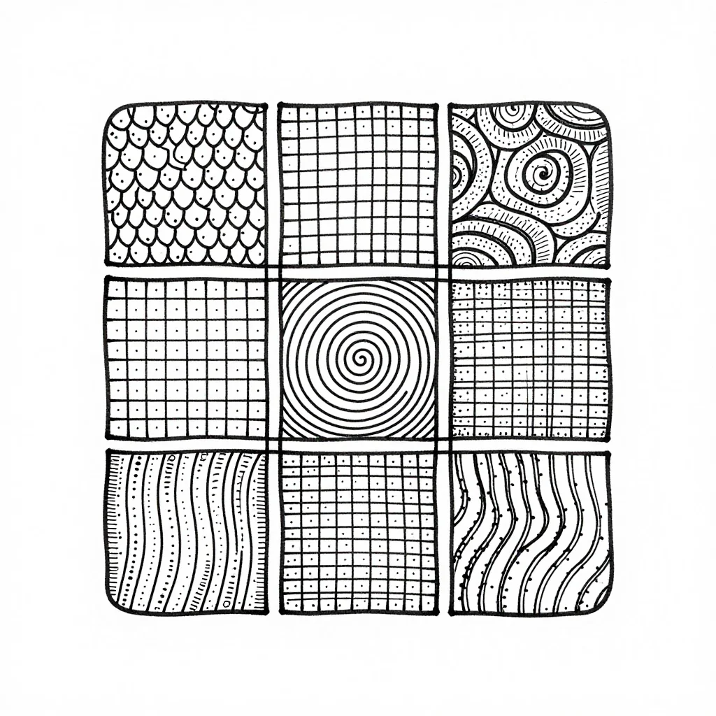 Tangle tiles — a square tile with rounded corners divided by a loose pencil string into six sections, each filled with a different pen pattern of scales, grids, spirals and bands, fine black pen strokes, crisp and even, patterns built from repeated small lines