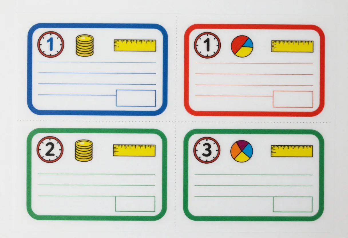Task cards — each card carrying one small drawing of a math object — a clock face, a stack of coins, a fraction pie, a ruler — above a blank ruled question area and a small empty answer box, bright flat classroom design, bold rounded shapes and thick card borders drawn as clean vector art