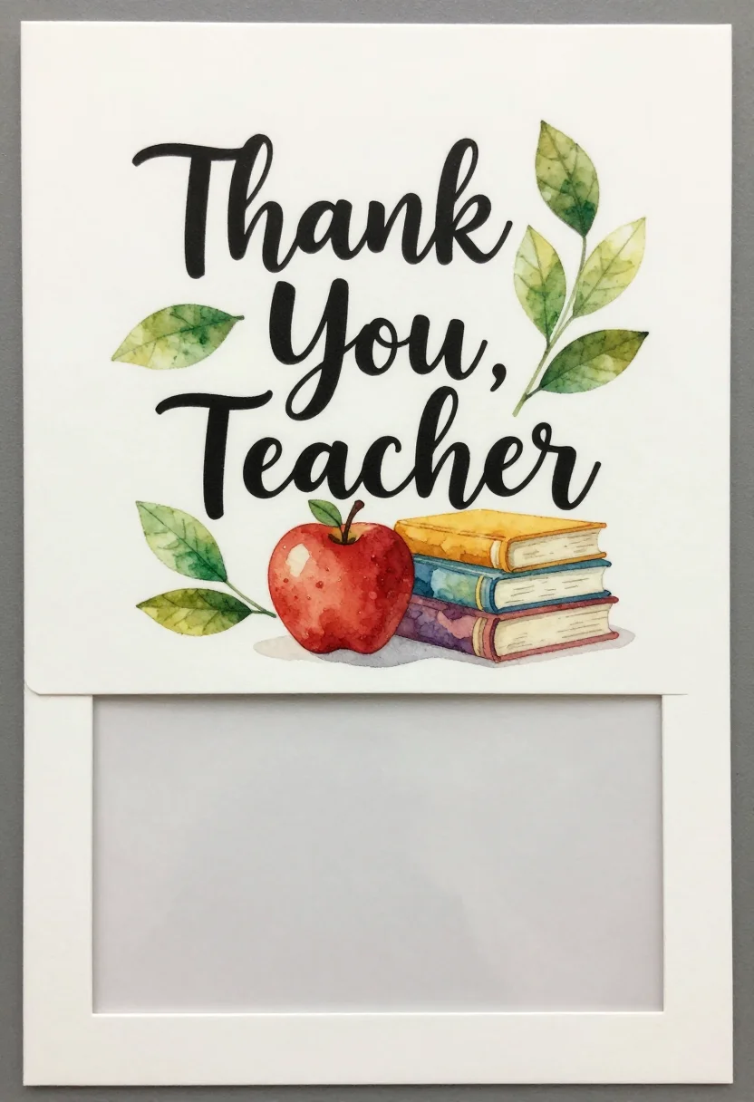Teacher appreciation cards — a vertical card lettered "Thank You, Teacher" over a red apple and a stack of books, a clear empty panel below for a message, soft watercolor illustration, loose edges, hand-lettered text