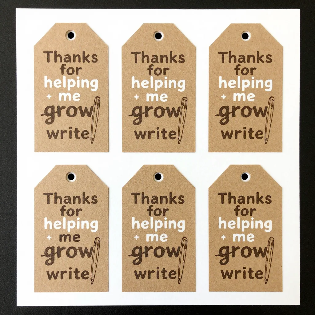 Teacher appreciation tags — a sheet of six tags reading "Thanks for helping me grow write" with "grow" crossed out, a small pen drawn beside the words, a punched hole at the top, tags in white and dark ink as if printed on kraft paper, hand-stamped look, simple line motifs