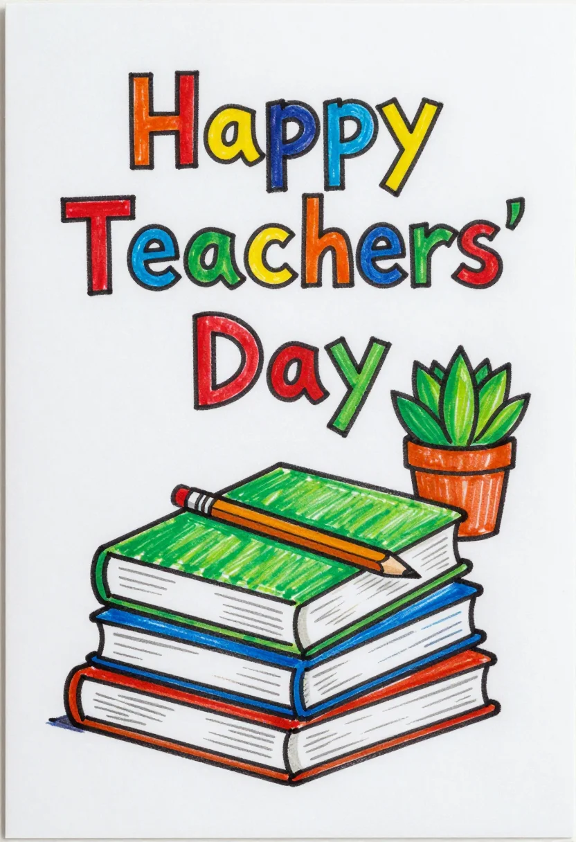 Teachers' Day cards — a vertical card with a stack of books, a sharpened pencil and a small potted plant, and "Happy Teachers' Day" lettered across the top, child-drawn crayon and marker look, wobbly bold outlines, bright scribbled fills, the lettering in big hand-printed letters