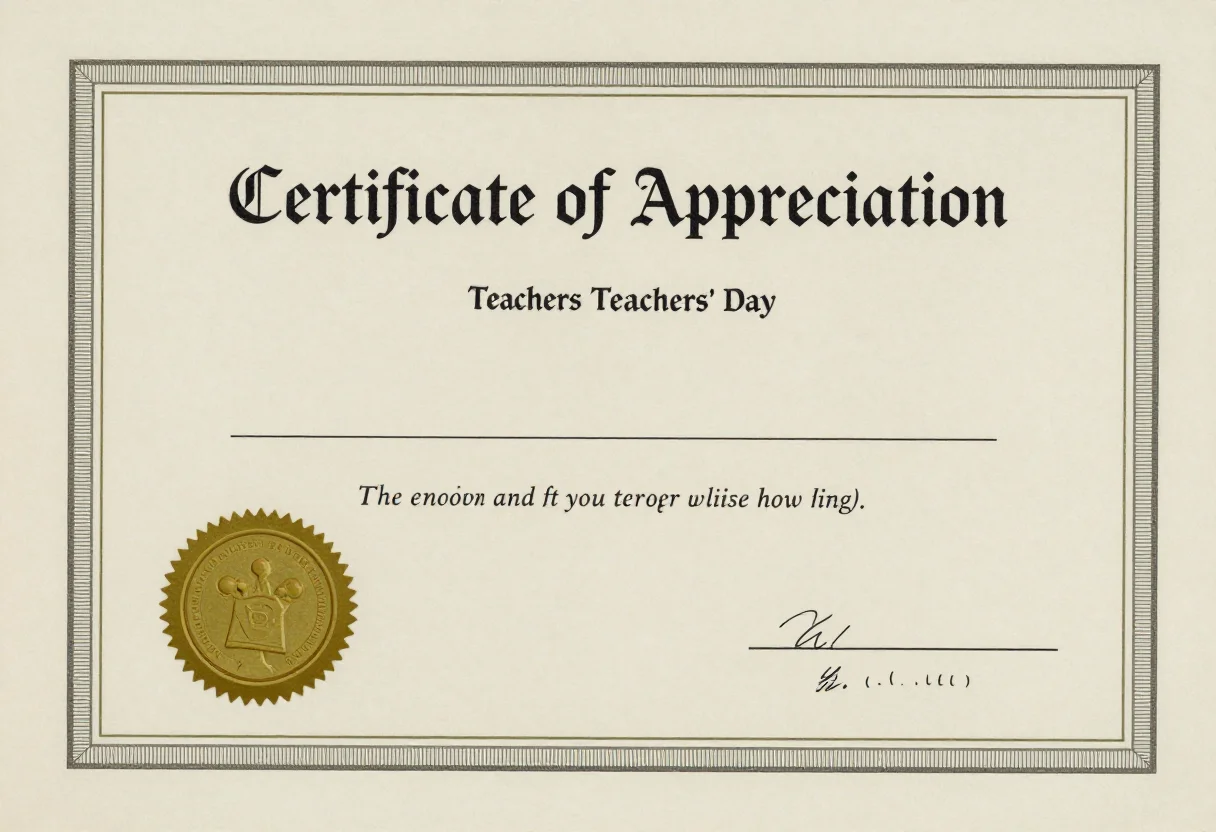 Teachers' Day certificates — a landscape certificate titled "Certificate of Appreciation" with a gold seal at the bottom left, a blank line for the teacher's name and two signature lines, formal certificate design, a fine guilloche border, the title in engraved serif capitals, thin ruled lines