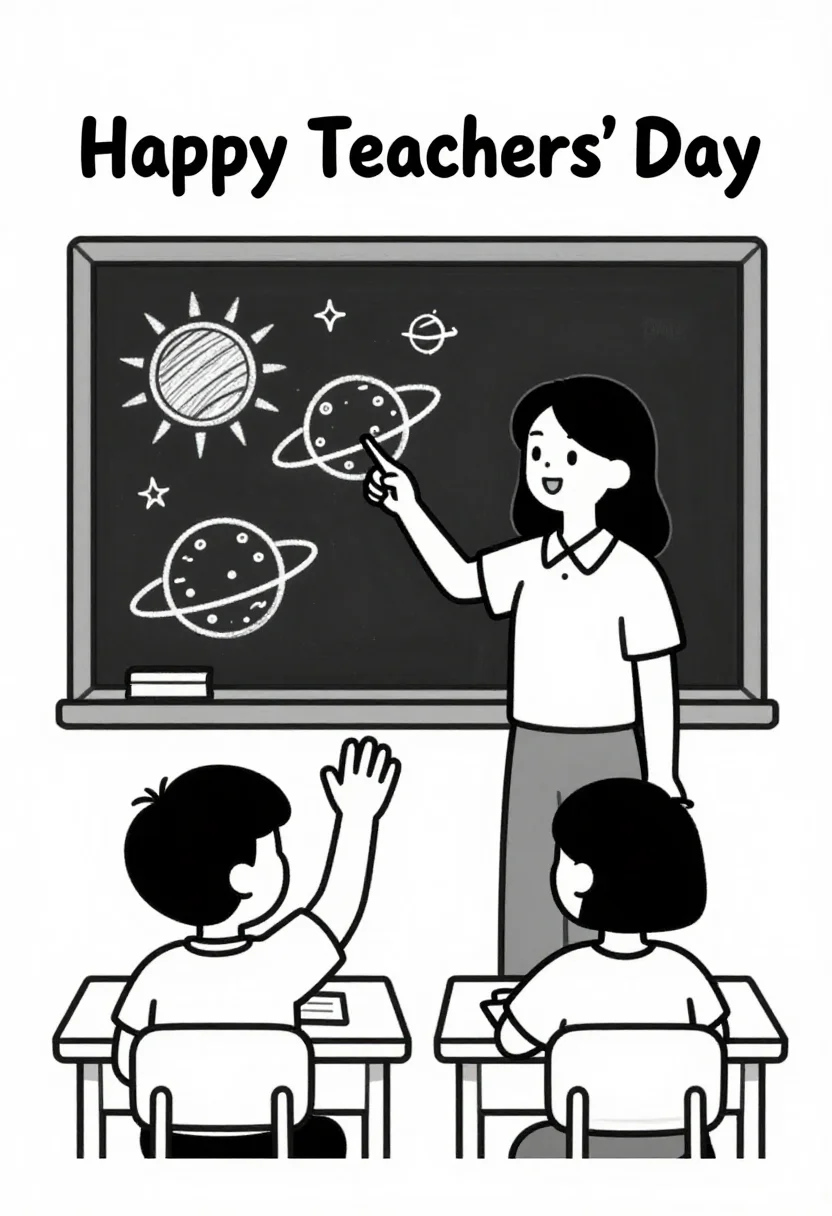 Teachers' Day drawings — a teacher standing at a blackboard pointing at a chalk drawing of the sun and planets, two children at desks in the foreground with raised hands, drawn the easy way for children in a few bold uniform outlines and big simple shapes