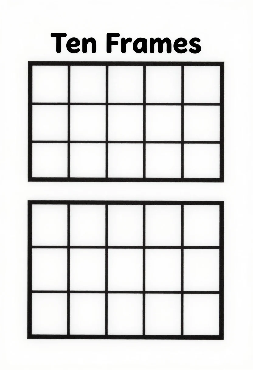 Ten frames — a page headed "Ten Frames" with two large empty ten frames, each a rectangle of two rows of five square boxes with thick borders, one above the other with space between, ready for counters, a plain black line worksheet, thick clean rounded lines and simple outline pictures, nothing decorative