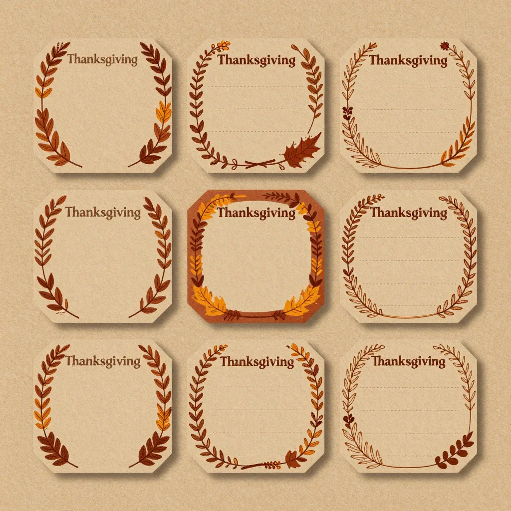 Thanksgiving labels — A sheet of tent-fold food labels each with a leaf border and a blank centre, dashed cut lines, rustic printable on kraft paper, leaf and wheat borders, warm serif lettering, print-ready