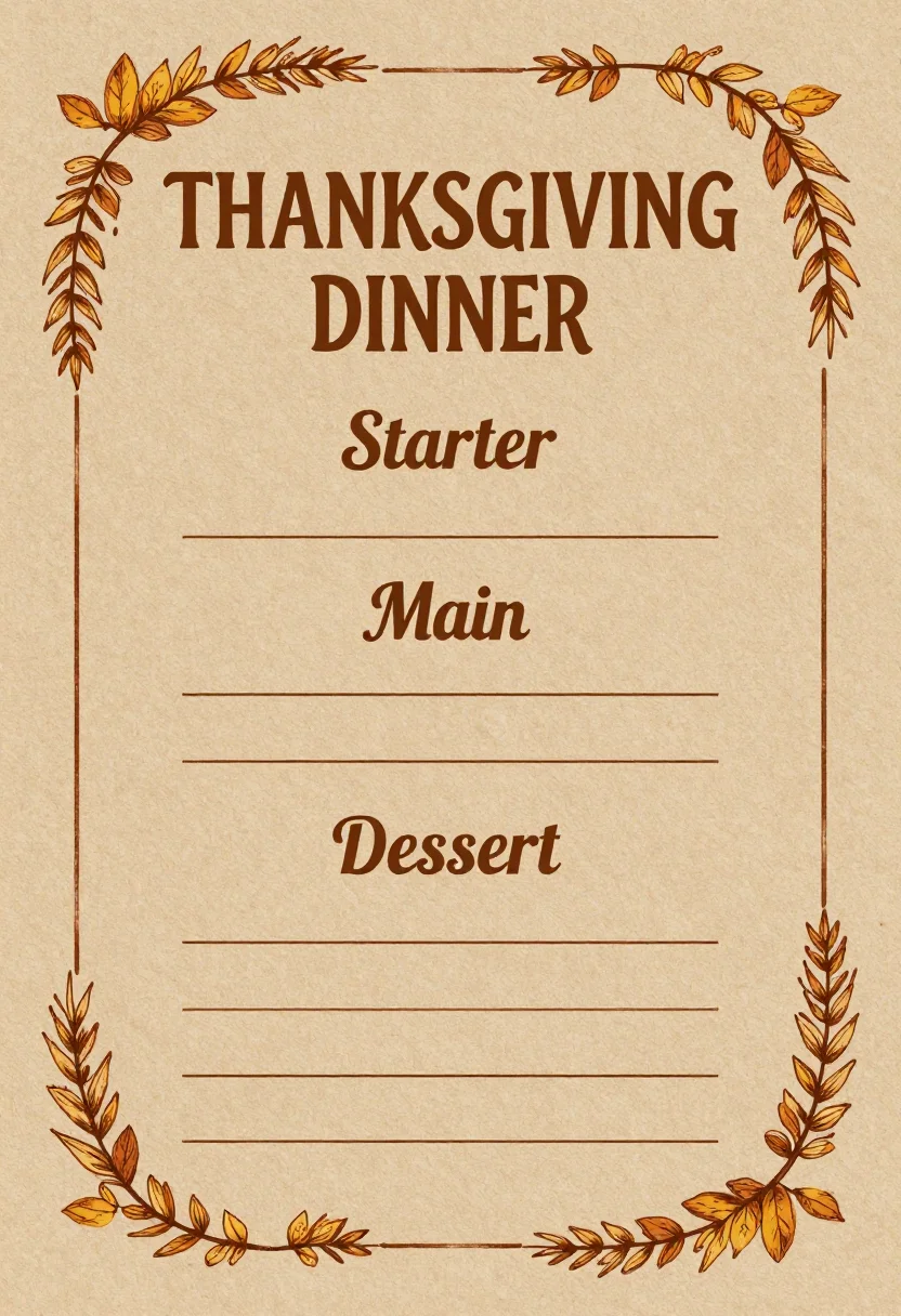 Thanksgiving menus — A vertical menu card lettered "THANKSGIVING DINNER" with headings "Starter", "Main", "Dessert" and blank lines, a wheat border, rustic printable on kraft paper, leaf and wheat borders, warm serif lettering, print-ready