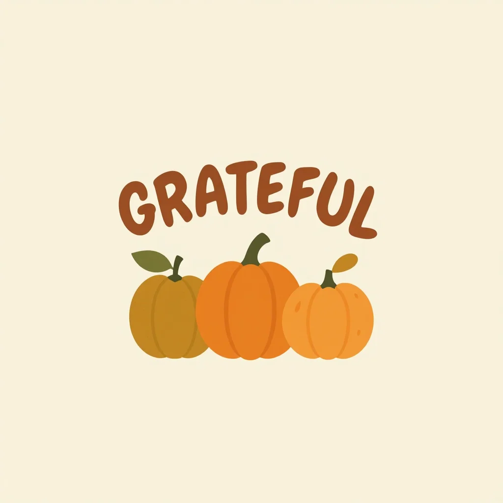 Thanksgiving mug designs — The words "GRATEFUL" lettered in a rounded script with a small leaf, isolated, flat harvest illustration, simplified shapes, no outlines, matte colour