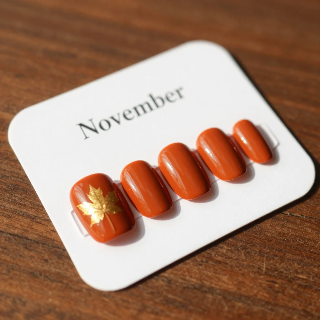 Thanksgiving nail art — five press-on nail tips fanned across a white card in a deep burnt-orange creme, one accent tip carrying a single fine maple leaf laid in gold foil and the rest left plain and glossy, photographed in low warm autumn daylight from camera-left, the tonal balance kept deep and glowing, one soft shadow thrown off the card and a warm highlight riding the curve of every tip
