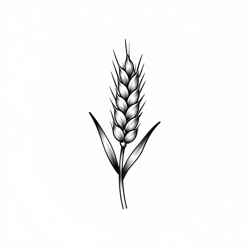 Thanksgiving tattoos — A single wheat stalk, fine single-needle black line work, thin uniform stroke, no shading, no color