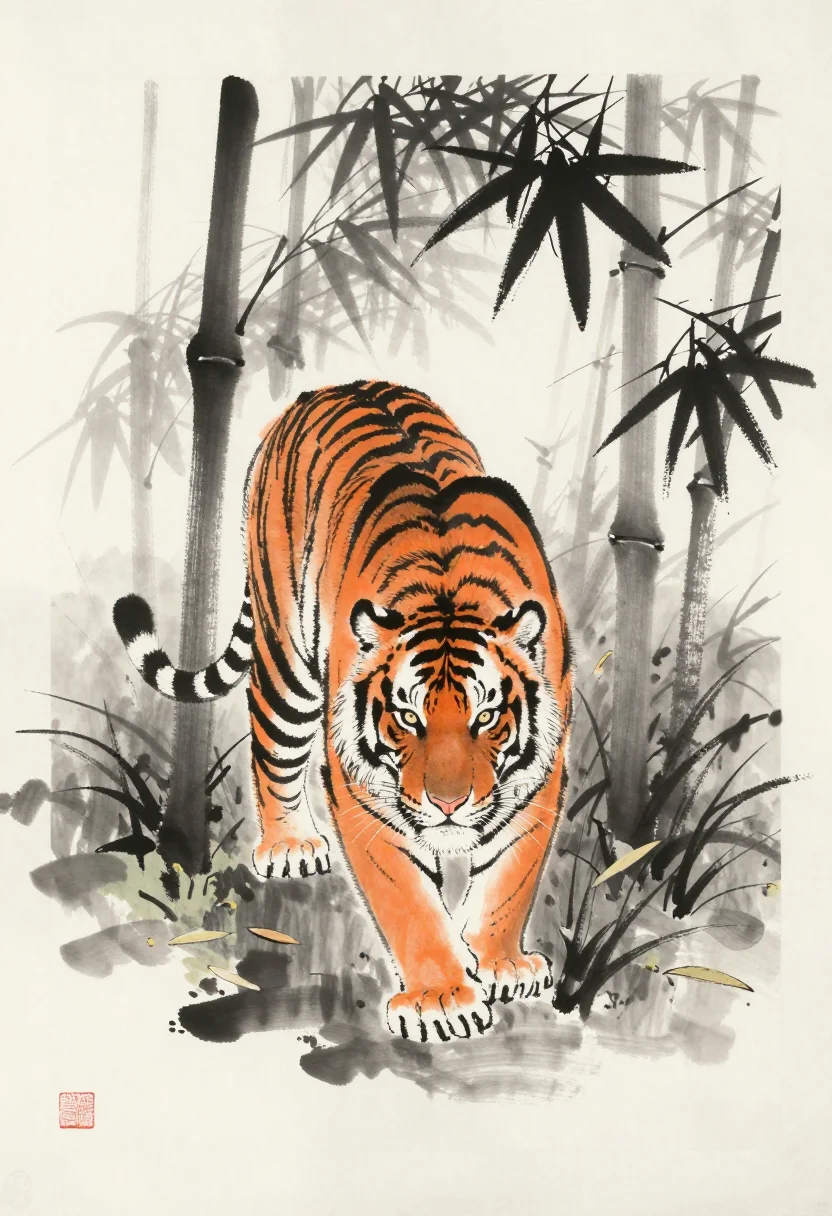 Tigers — A tiger prowling low through tall bamboo, shoulders rolling, head down and eyes fixed forward, the stripes breaking up against the vertical stalks, wet ground and a few fallen leaves., a Japanese ink-brush painting, bold black strokes loaded and dry by turns, a single orange wash, one small red seal