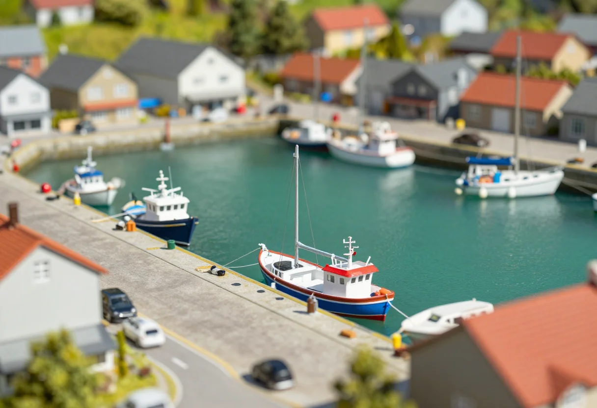 Tilt-shift — a working harbour from a high vantage with a narrow band of sharp focus laid across the moored boats and the quay, the water and the town blurring away above and below, the hulls bright enough to look painted, the miniature effect at full strength, a thin band of focus with heavy blur above and below it, saturation and contrast lifted until the scene reads as a built model
