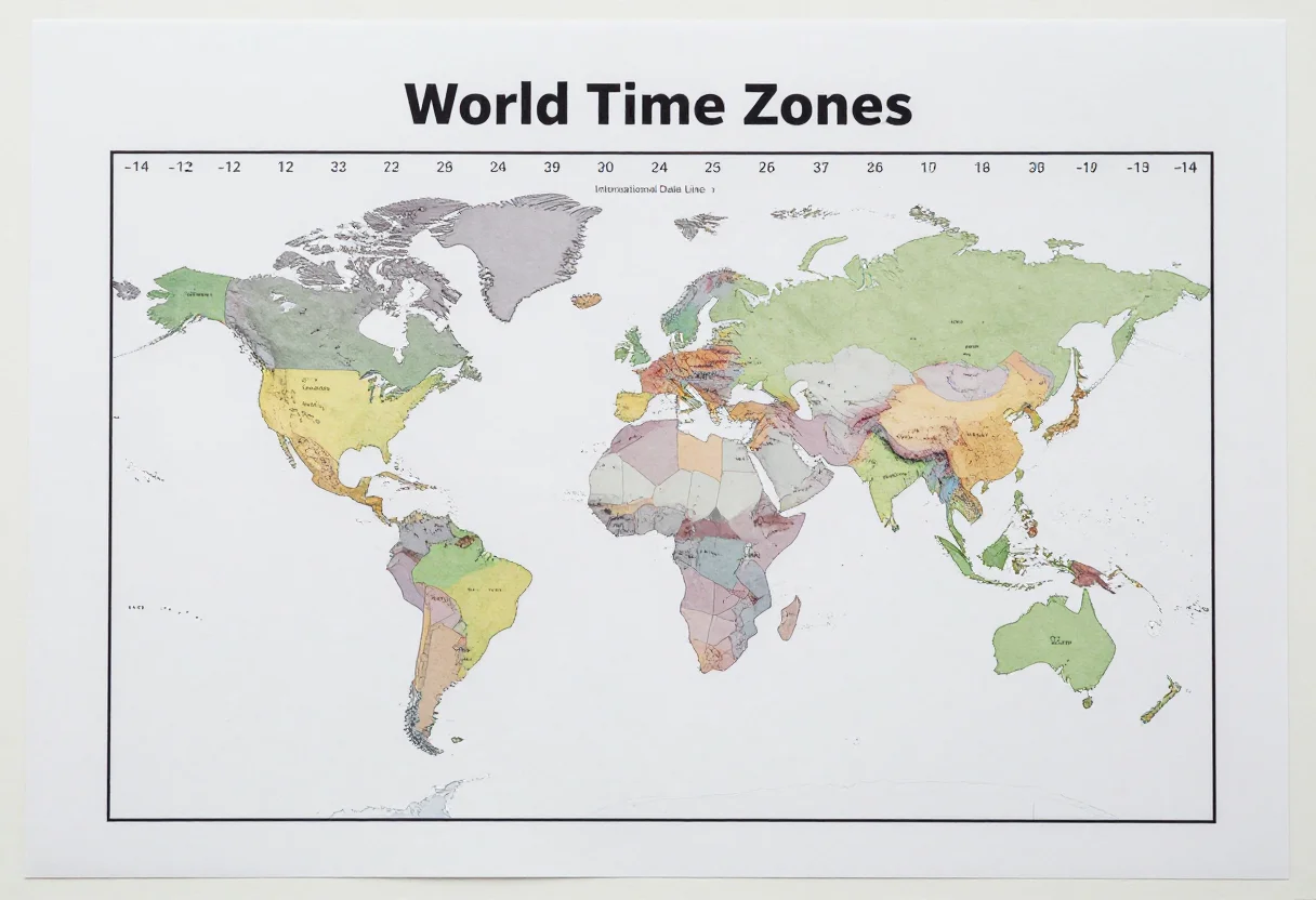 Time zone maps — a world map divided into vertical time zone bands in alternating soft colours, the UTC offset from −12 to +14 written along the top and the International Date Line drawn, a clean school atlas print with thin even outlines and small neat labels
