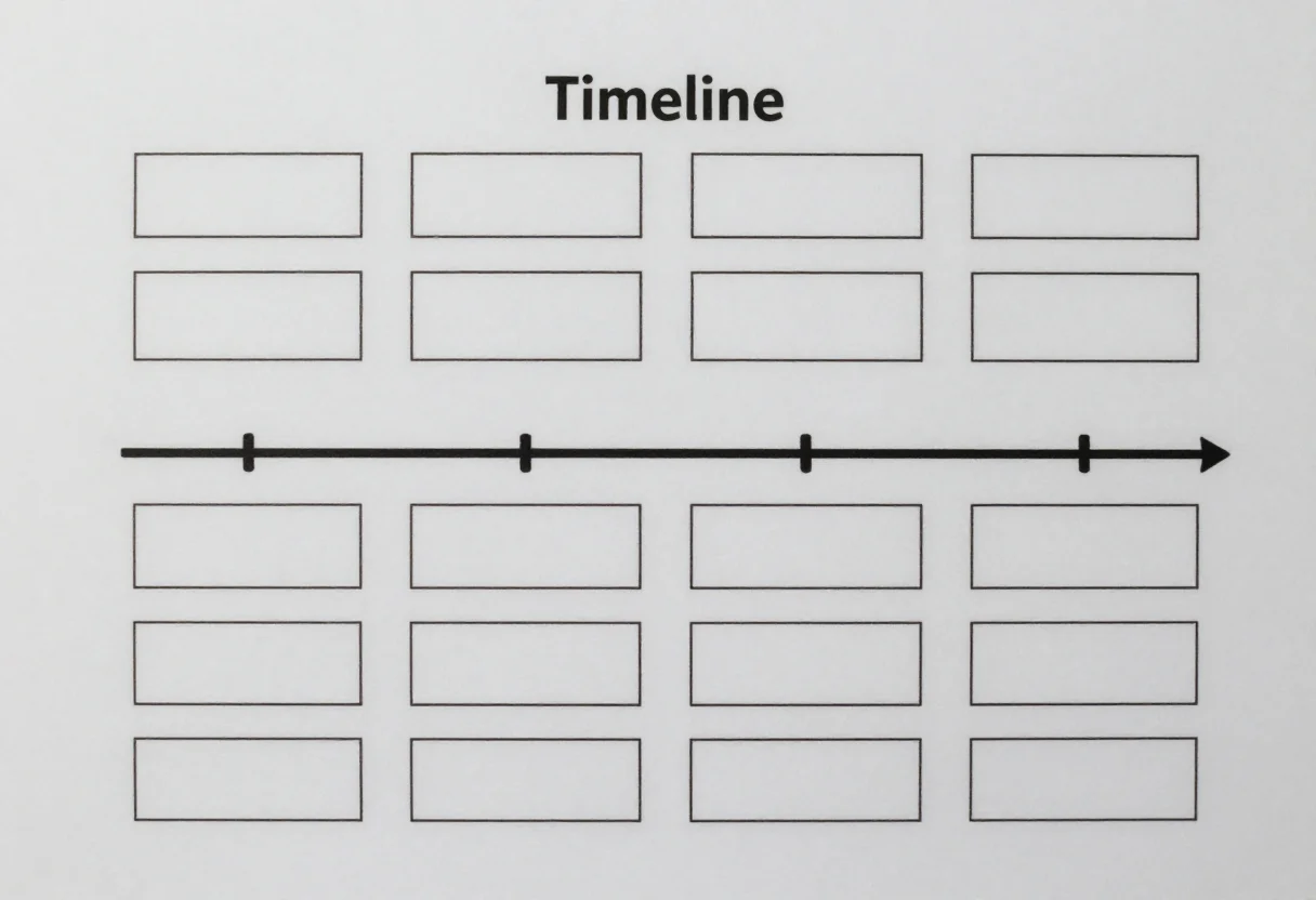 Timeline templates — a horizontal arrow across the page with eight evenly spaced tick marks, an empty date line at each tick and an empty event box alternating above and below the line, a clean line-art template with thin even outlines and bold markers