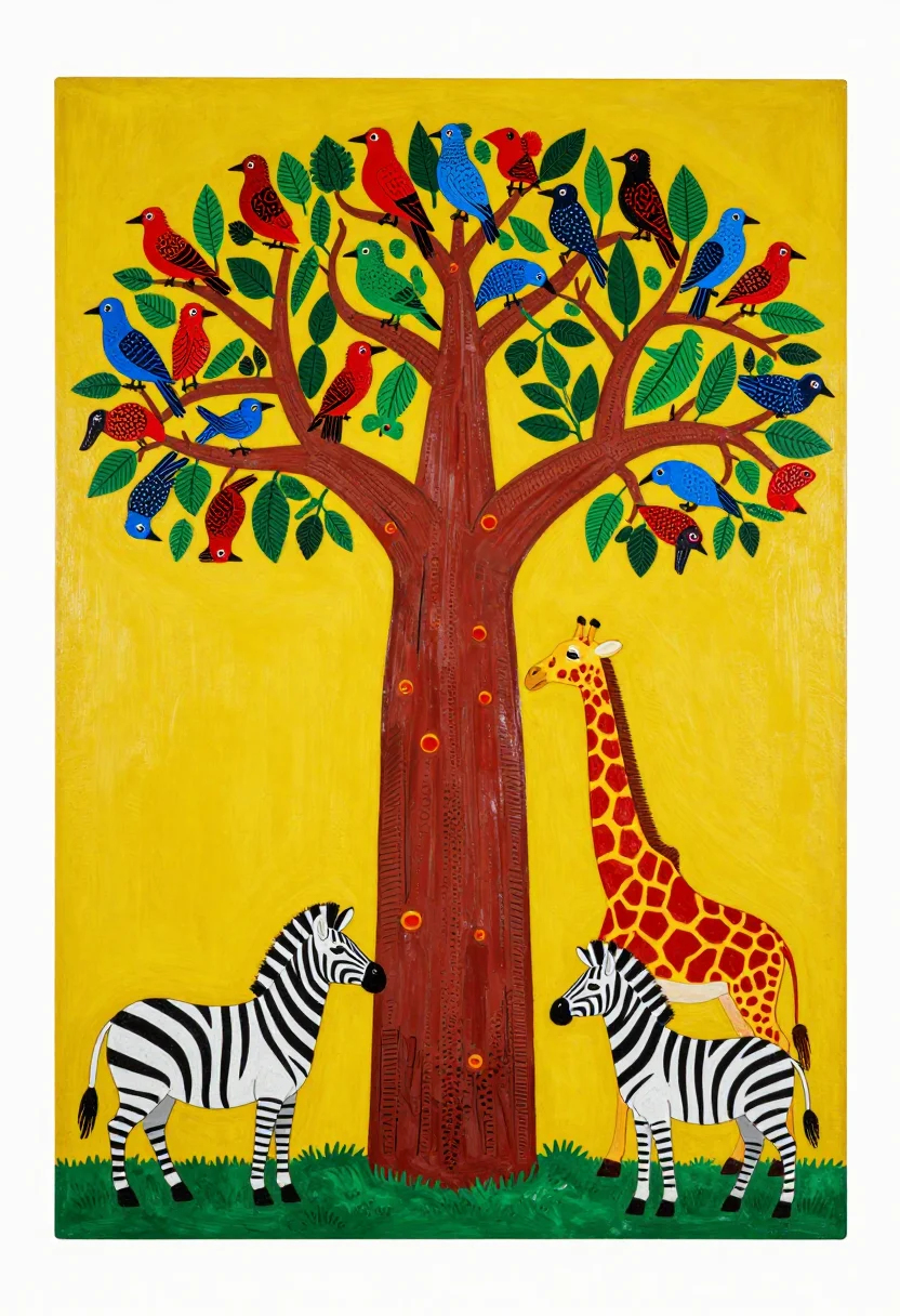 Tingatinga — A baobab filling the board, its branches crowded with brightly patterned birds beak to beak, a giraffe and two zebras below at the same scale, a flat yellow sky behind everything with no horizon and no shadow., Tingatinga painting in high-gloss enamel on hardboard, a flat unmodulated ground, black outline, pattern repeated to fill