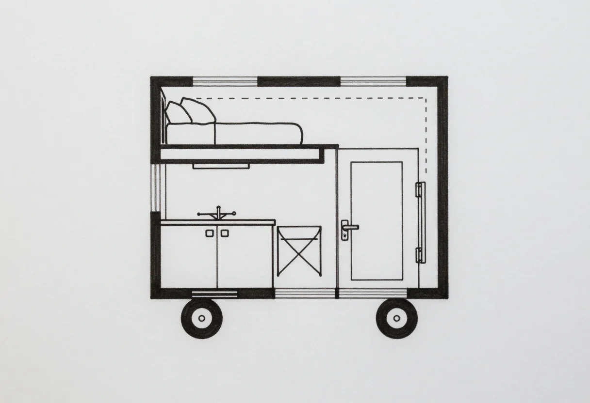 Tiny house plans — a tiny house on wheels under twenty square metres, its loft bed drawn as a dashed overlay above the kitchen end, a wet room amidships and a fold-down table by the door, drawn in one uniform medium black line with no shading and no grey tones, the plan and a small cross-section set side by side on the sheet