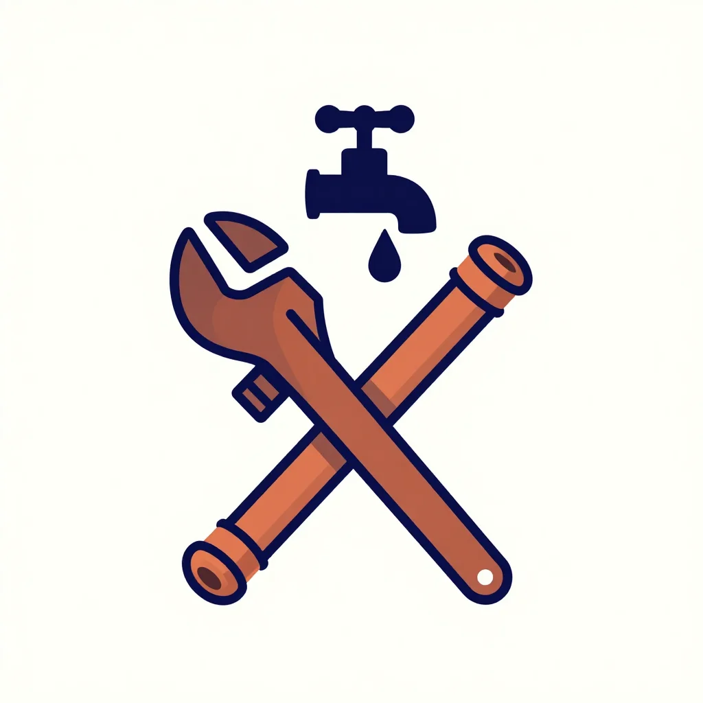 Spot illustrations by trade — a plumber's pipe wrench crossed with a length of copper pipe, a single drop falling from the tap above them, a flat vector spot illustration, bold clean shapes with no outlines, smooth gradient-free fills and hard edges