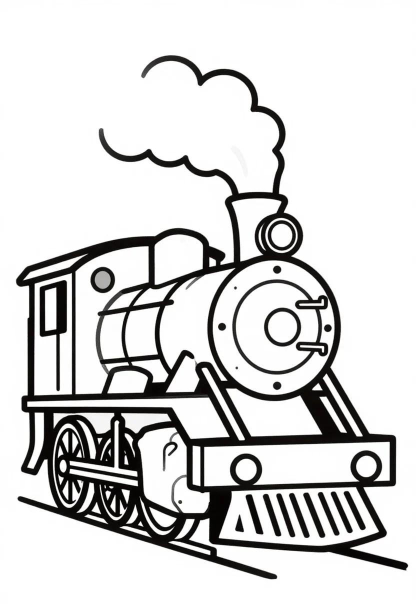 Train coloring pages — a steam locomotive puffing smoke from its tall chimney, big spoked driving wheels, a cowcatcher and a coal tender, bold uniform black outlines, simplified shapes and large open areas a six-year-old can color inside