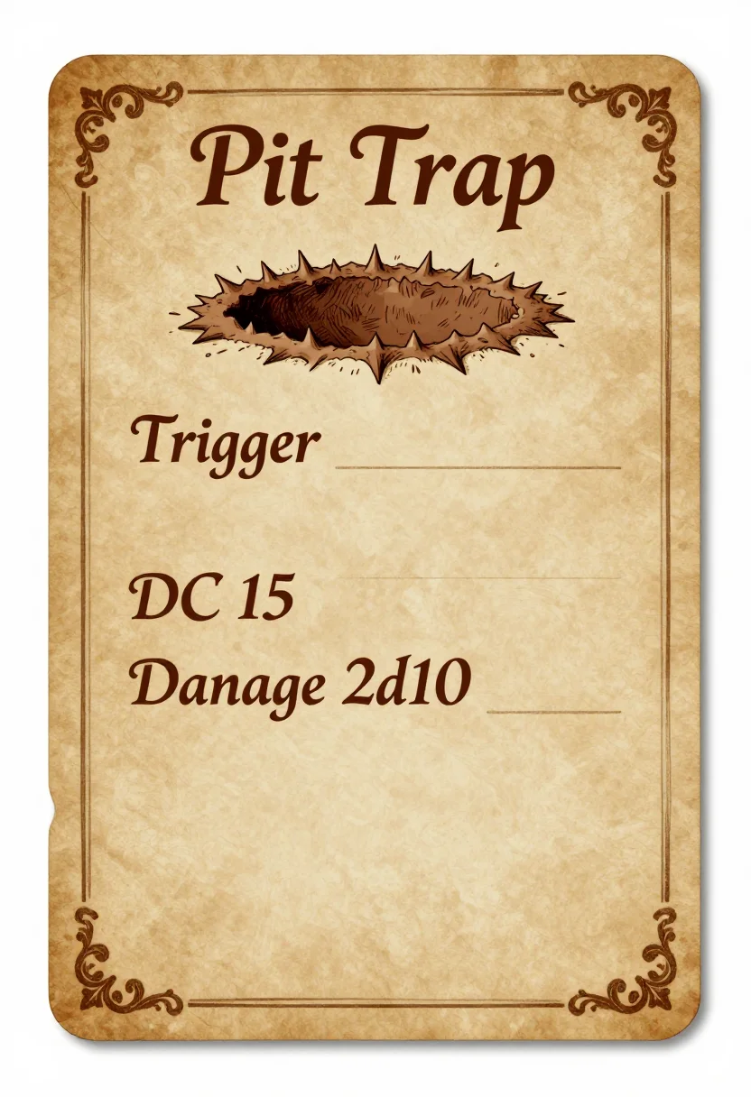 Trap cards — a card with a cross-section drawing of a spiked pit at the top, the title "Pit Trap", and labelled lines "Trigger", "DC 15" and "Damage 2d10", aged parchment look, hand-inked brown linework, an ornate corner border, calligraphic headings