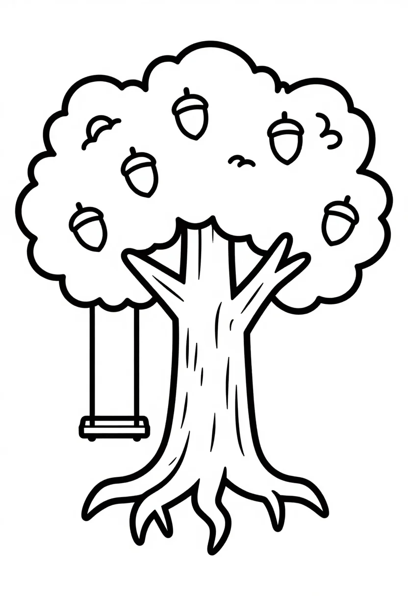 Tree coloring pages — a broad oak tree with a thick textured trunk, spreading roots, acorns and a rope swing on a low branch, bold uniform black outlines, simplified shapes and large open areas a six-year-old can color inside