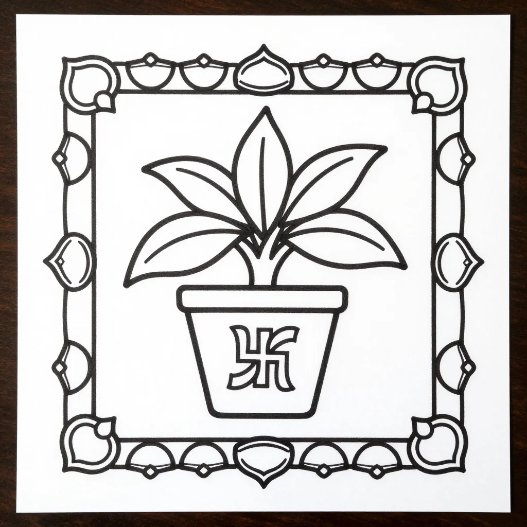 Tulsi Vivah rangoli — a rangoli of a tulsi plant in its square vrindavan planter, with a swastik on the front face and a border of diyas, bold even black outlines drawn as a coloring page, large open shapes easy to fill with colour
