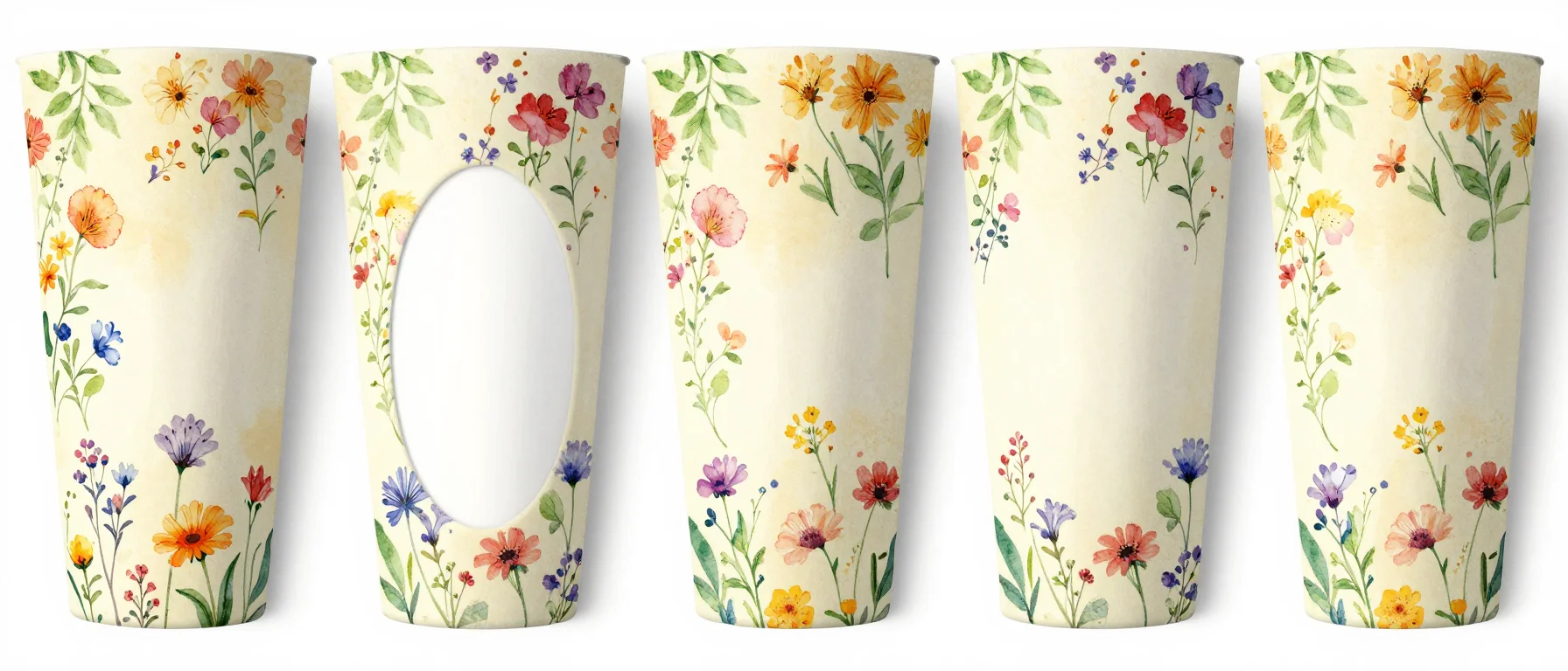 Tumbler wraps — watercolour wildflowers and trailing greenery scattered evenly across a warm cream ground, with a blank oval left clear at the centre of the band, printed as a full-colour sublimation wrap, smooth gradients and soft tonal blends carried across the band with no hard cut lines