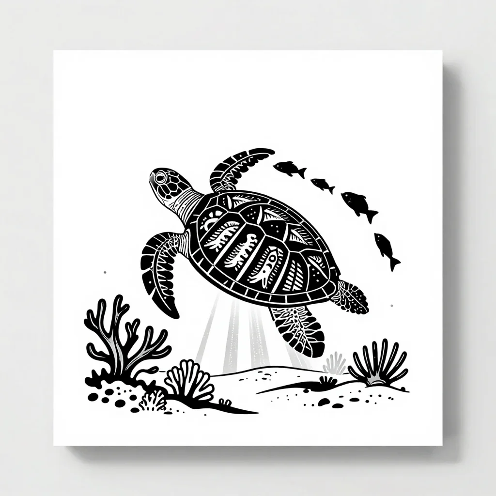 Sea turtles — a sea turtle gliding over a coral reef with its flippers spread wide, small fish keeping pace beside it, a sea fan and anemones below and a shaft of light reaching the sand, a Polynesian tribal tattoo design, everything rebuilt from solid black pattern bands of enata figures, spearheads and ocean chevrons inside one clean silhouette