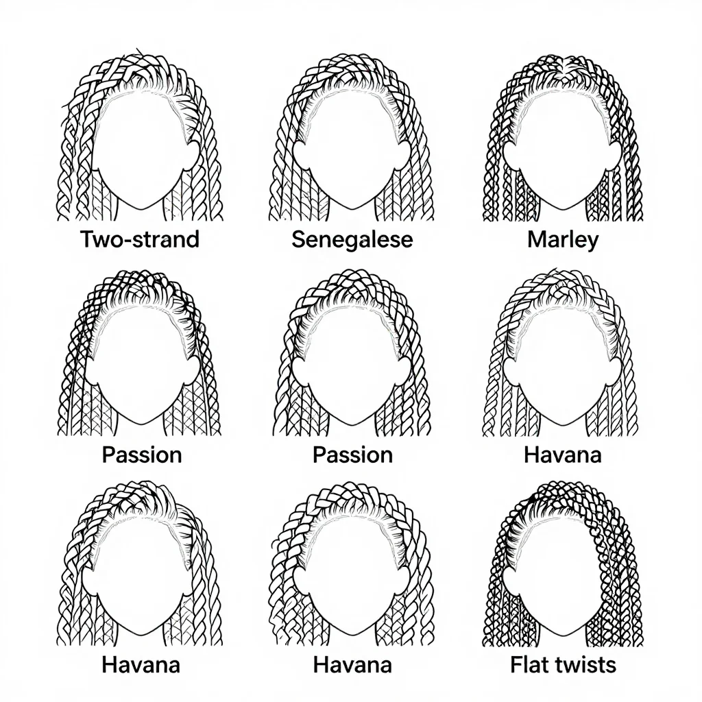 Twist style charts — a grid of six heads labelled "Two-strand", "Senegalese", "Marley", "Passion", "Havana" and "Flat twists", the twist pattern of each drawn clearly, uniform thin black line art with each twist drawn as two outlined strands wrapping round each other