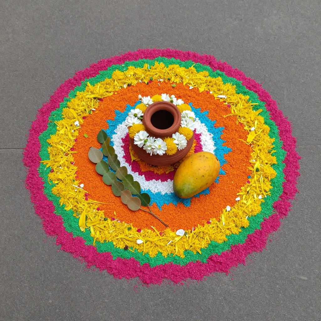 Ugadi rangoli — a rangoli of a clay pot of Ugadi pachadi garlanded with neem flowers, a raw mango and a sprig of tamarind beside it, inside a ring of yellow and green petals, laid in fine coloured powder, soft grainy edges and smooth heaped lines