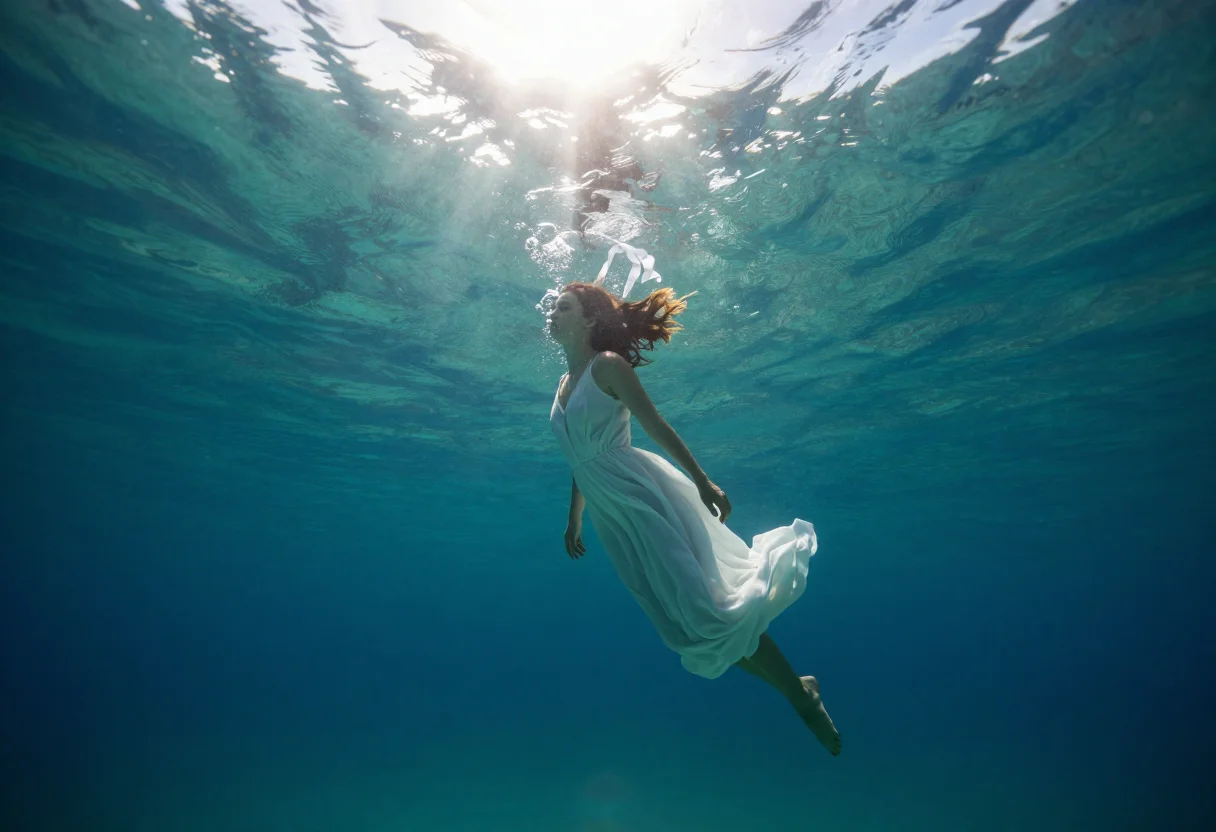 Underwater — a woman in a long white dress suspended mid-water with her hair and the fabric lifting upward, ribbons of sun coming through the surface above her, a line of bubbles leaving her lips and her eyes open, carried by the sun alone through the surface, caustic ribbons reaching down, the water graded from bright green-blue near the top to deep blue with distance