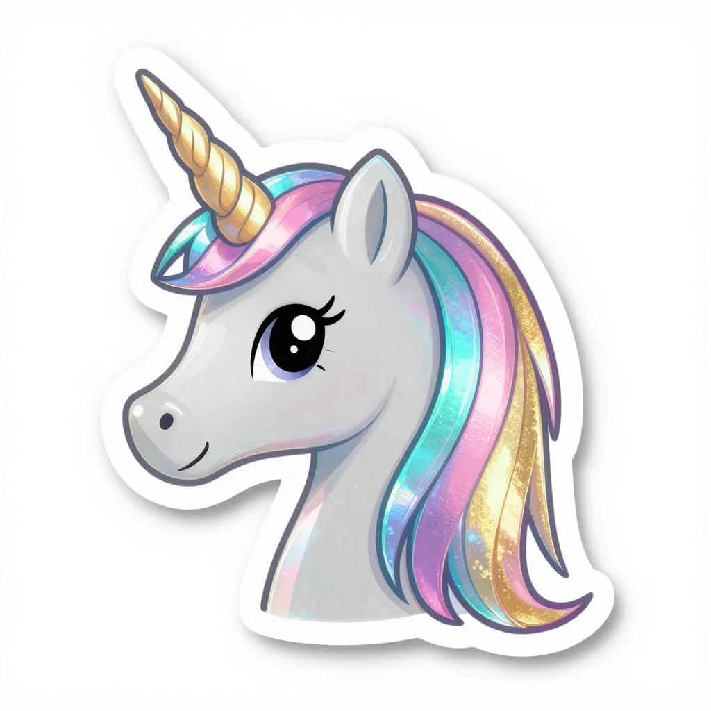 Unicorn stickers — a unicorn head with a spiral horn and a rainbow mane, holographic sticker, iridescent rainbow sheen across the surface, glossy