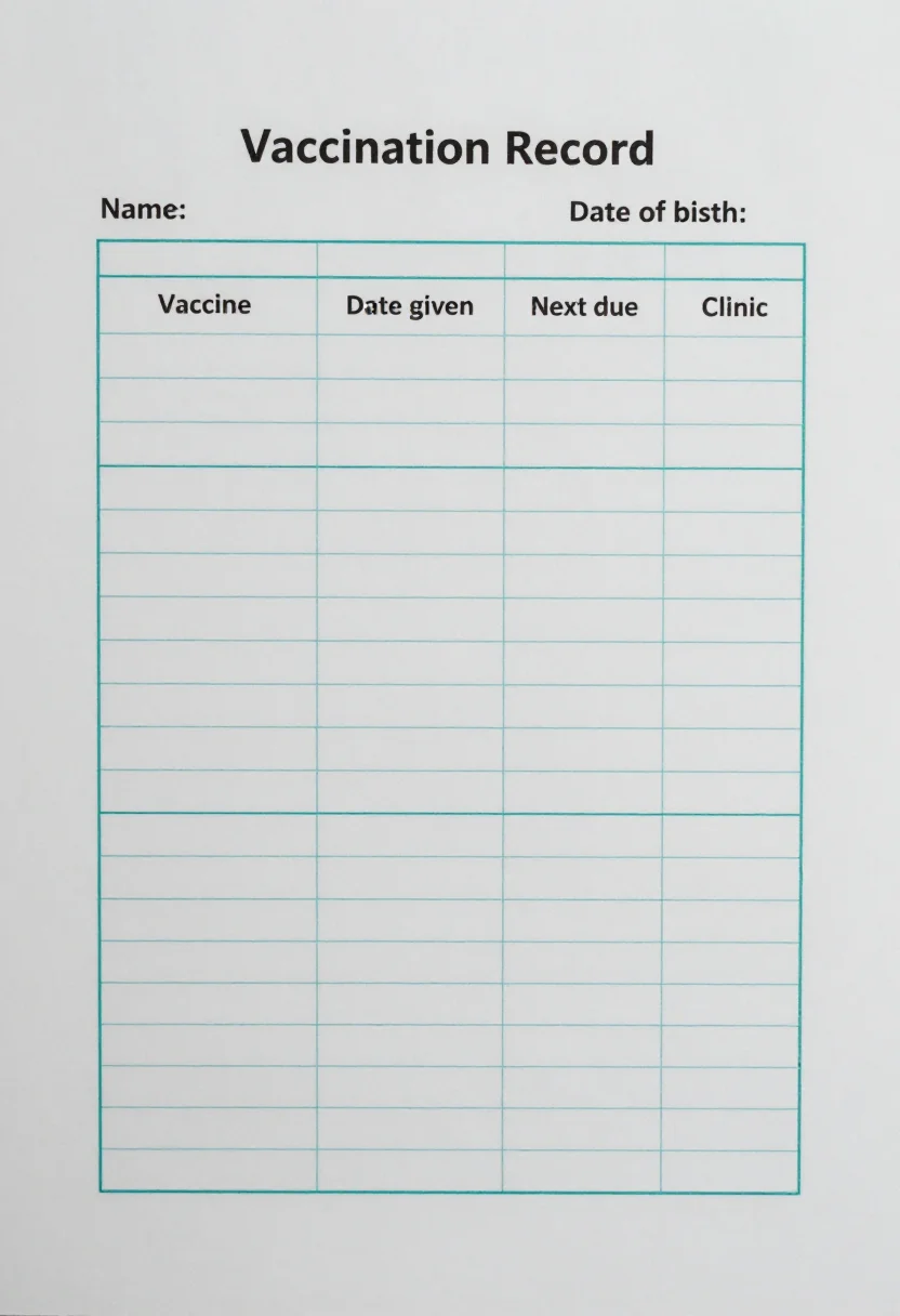 Vaccination charts — a record titled "Vaccination Record" with "Name:" and "Date of birth:" lines and columns "Vaccine", "Date given", "Next due" and "Clinic", twelve empty ruled rows, a clean clinical printable page, thin even teal lines, a crisp sans-serif title and a spacious tidy layout