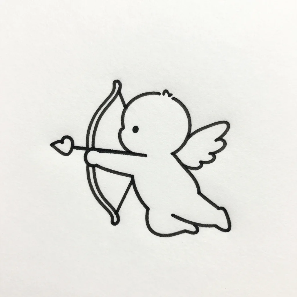 Valentine's doodles — a small round cupid with tiny wings drawing a bow, a heart-tipped arrow ready, a simple doodle in one even black pen line weight, round friendly shapes that are easy to copy stroke by stroke