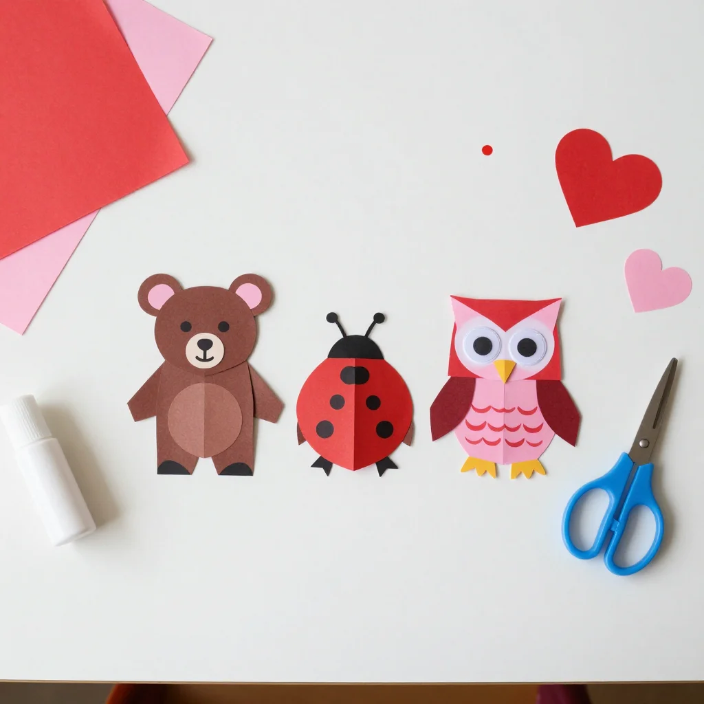 Valentine's crafts for kids — a row of paper animals built from folded paper hearts, a bear, a ladybird and an owl with googly eyes, glue stick and scissors beside them, shot as a craft-blog flat lay seen from directly above on a plain white table