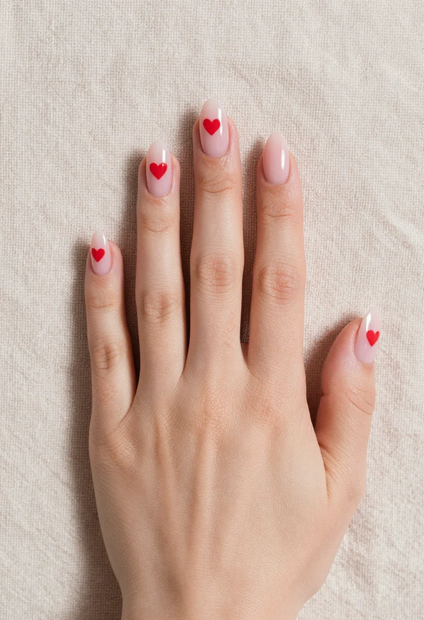 Valentine's nail designs — short almond nails in a sheer milky pink with one tiny red heart on each nail, placed off-centre near the tip, shot as a nail-tech reference, the hand laid flat with fingers together and slightly fanned, seen from directly above