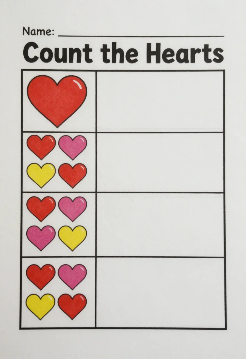 Valentine's worksheets — a preschool worksheet titled "Count the Hearts" with six boxes each holding a group of one to six hearts and an empty answer square beside each, a "Name:" line at the top, big cheerful hearts, rounded fonts and bright boxes for the answers