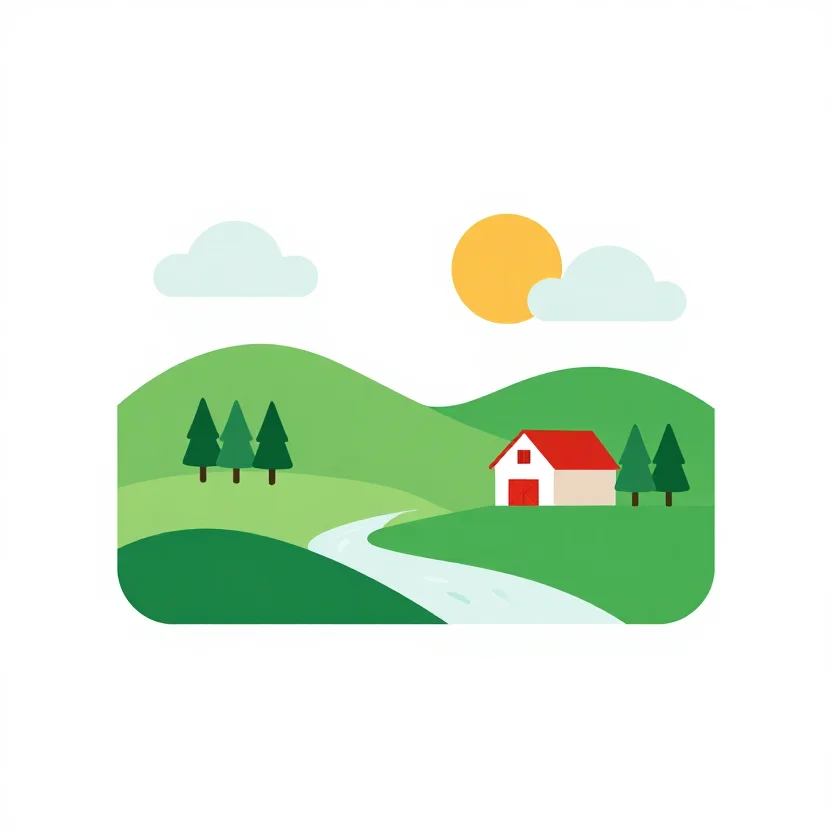 Vector art — A landscape of layered flat shapes: rolling hills in three greens, a river as a pale ribbon, a stand of triangular pines, a barn with a red roof, a sun as a plain disc, clouds as rounded blobs, the whole in clean edges with no outline., flat vector illustration, clean shapes, no outline, limited palette, plain ground