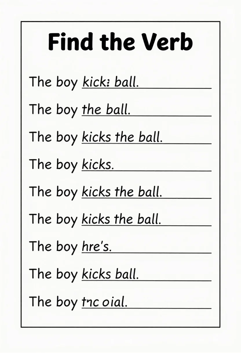Verb worksheets — a worksheet headed "Find the Verb" with ten sentences such as "The boy kicks the ball." and an empty line after each to write the verb, a clean school photocopy sheet, crisp black lines, a simple bold sans-serif heading, tidy even rows and nothing decorative