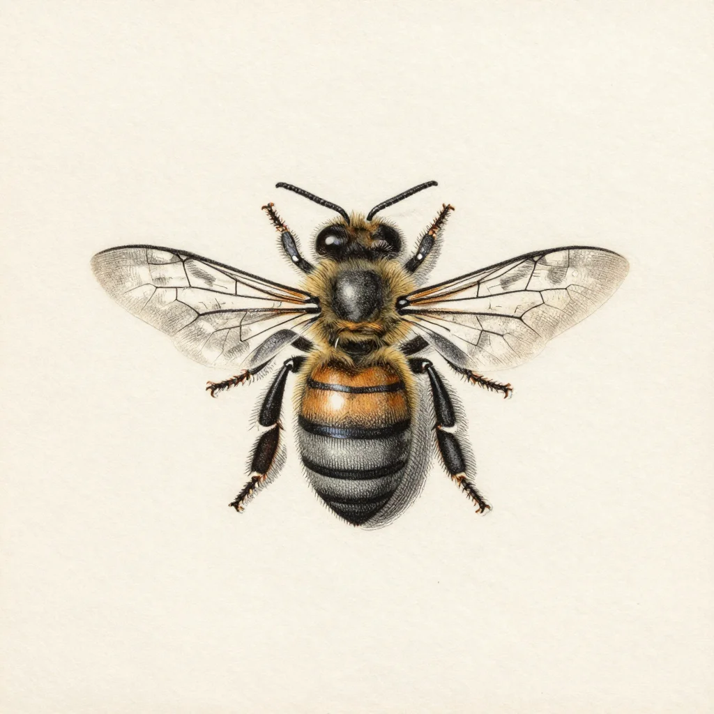 Vintage engravings — a single honeybee from above, both pairs of veined wings spread, the legs tucked under and the abdomen banded, a copperplate line engraving, swelling burin strokes that thicken into the shadows and cross-hatch where the form turns away