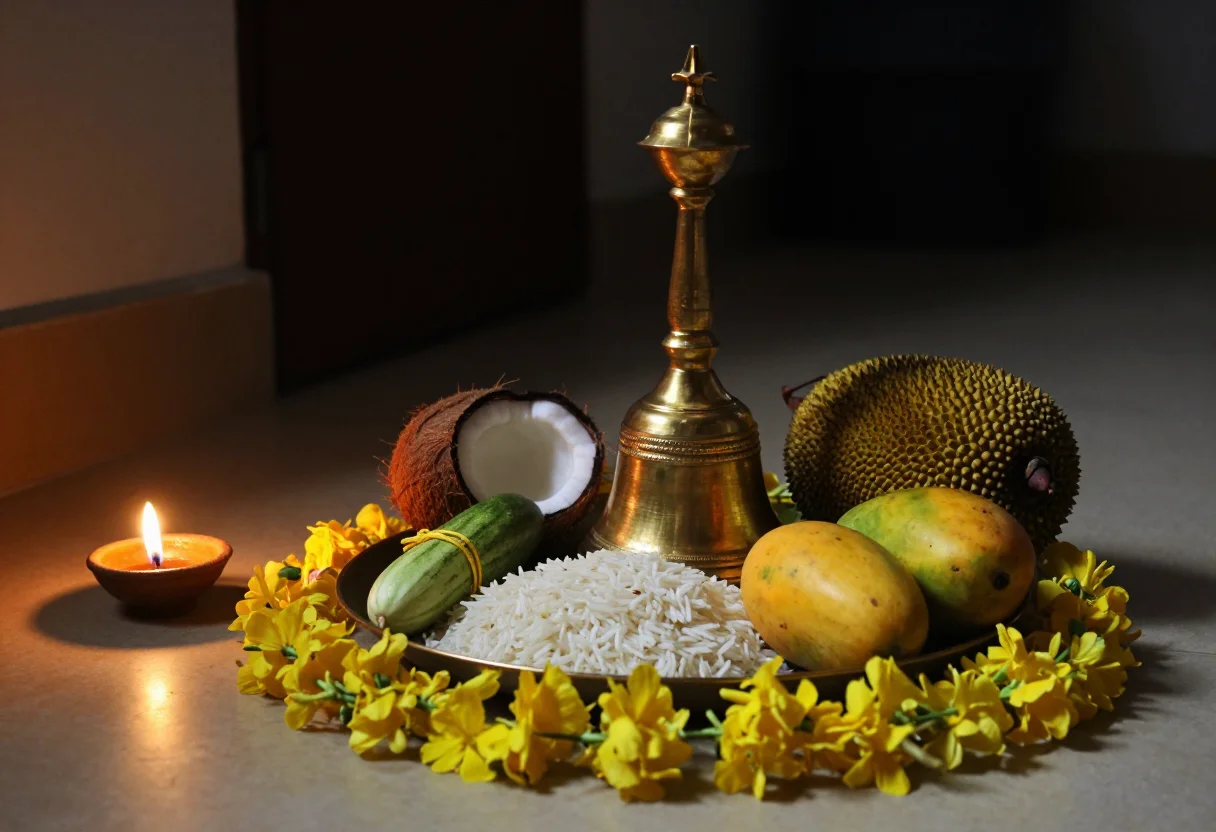 Vishu kani — a bell-metal uruli filled with raw rice, a golden kani vellari cucumber, a split coconut, mangoes and a jackfruit, sprays of yellow konna flowers over it, pre-dawn photograph lit only by warm oil-wick flames glowing from camera-left, deep soft shadow around the arrangement, a dark-to-light balance of about seventy to thirty, the brass and bell metal glinting gold