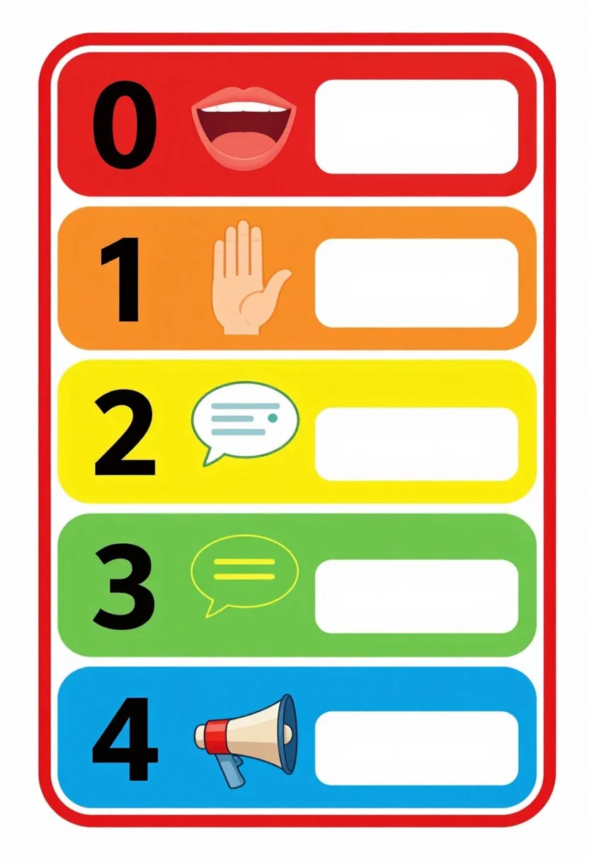 Voice level charts — a vertical ladder of five stacked levels numbered "0", "1", "2", "3" and "4", one small icon beside each — a closed mouth, a whisper hand, one speech bubble, two speech bubbles, a megaphone — a colour band per level and a blank label line beside every icon, a bright flat classroom treatment, bold rounded shapes, thick clean rules and heavy numerals