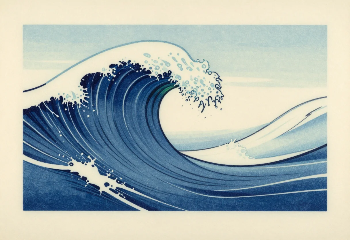 Waves — a barrel curling over, seen side-on, the lip throwing forward and the inside of the tube lit green, a Japanese woodblock-style flat drawing, bold even keylines around flat unshaded water regions, the foam breaking into clawed fingers