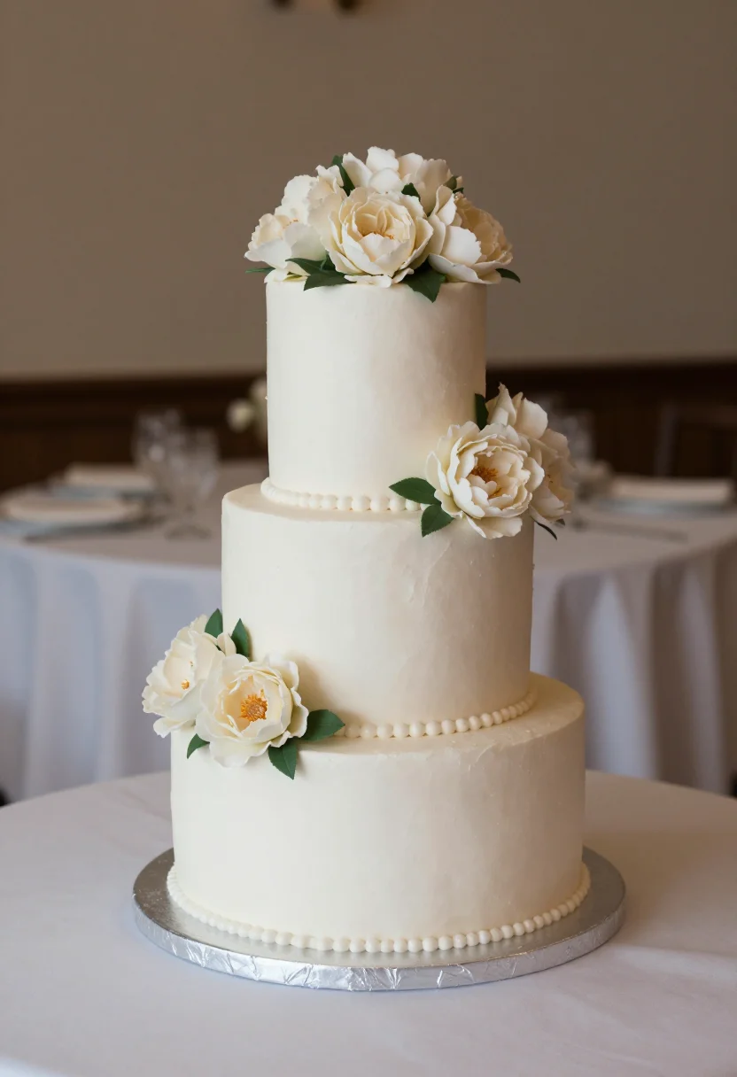 Wedding cakes — a tall three-tier white cake with sugar peonies and roses cascading from the top tier, a fine pearl border at the foot of each tier, on a silver stand at the centre of a draped table, photographed in the classic bridal register, soft daylight arriving from camera-left and wrapping the tiers, the tonal balance held high and pale so the whites separate by texture alone