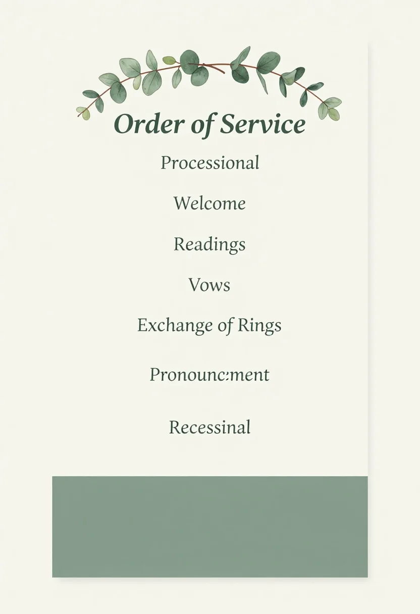 Wedding programs — a vertical program titled "Order of Service" listing "Processional", "Welcome", "Readings", "Vows", "Exchange of Rings", "Pronouncement" and "Recessional", each with a blank line beside it for names, a classic treatment with fine eucalyptus line drawing, serif lettering and generous spacing
