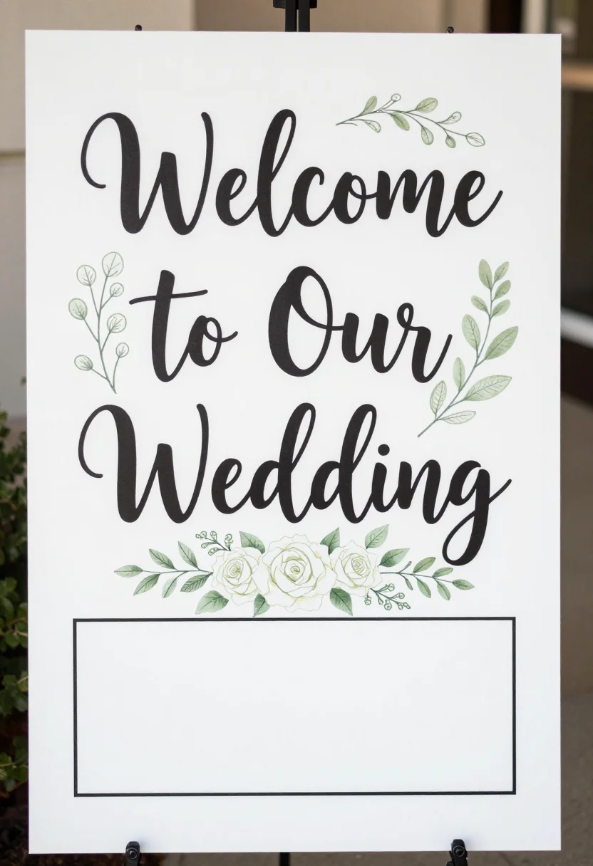 Wedding signs — a tall sign reading "Welcome to Our Wedding" in large script lettering, a band of white roses and greenery, and a blank space below for the couple's names and the date, a calligraphic treatment with large flowing script lettering and thin botanical line drawing