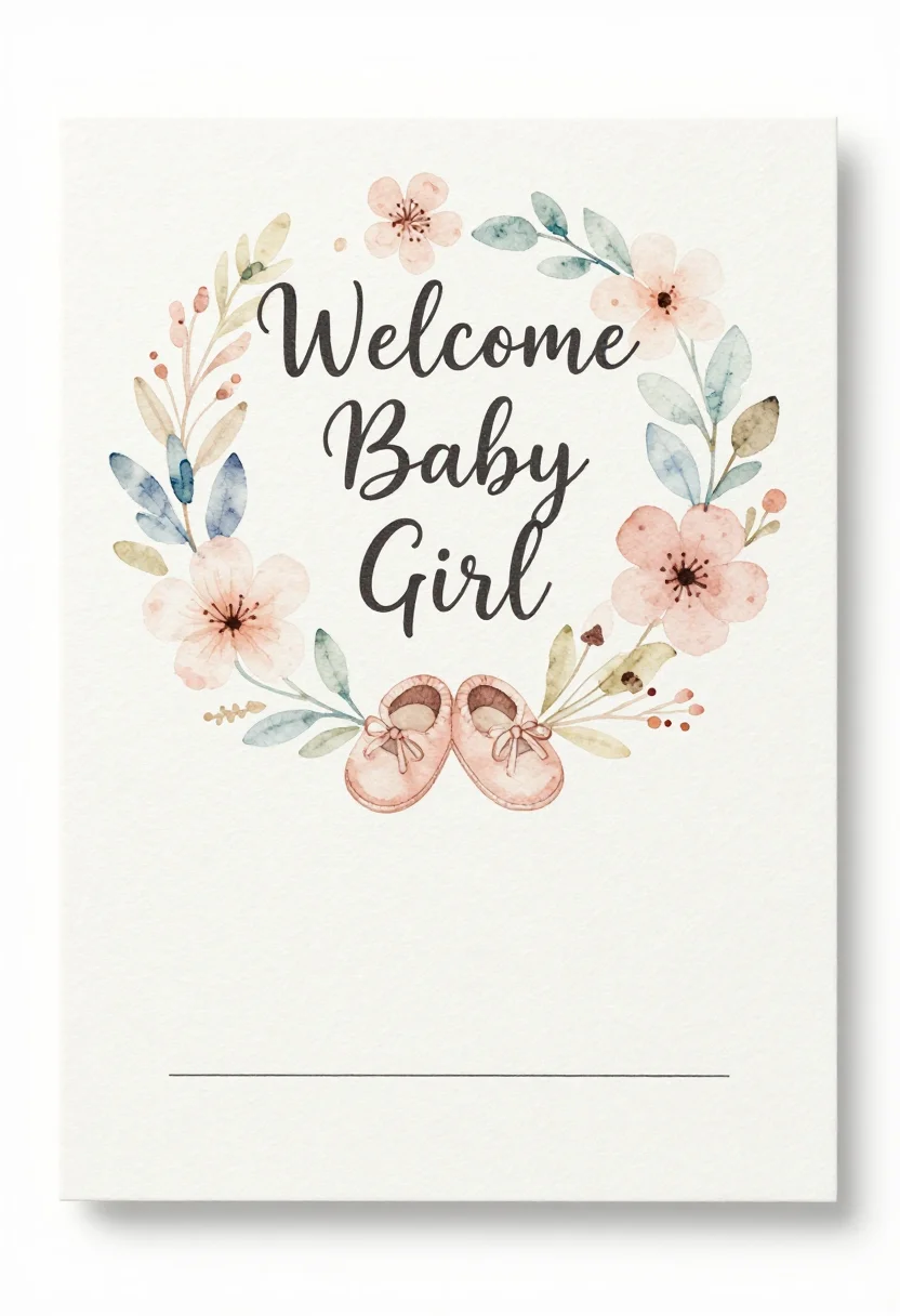 Welcome baby cards — a vertical card front reading "Welcome Baby Girl" with blush florals and a tiny pair of booties, and a blank line for the baby's name, hand-painted soft watercolor with loose washes, visible paper grain and small hand-lettered type