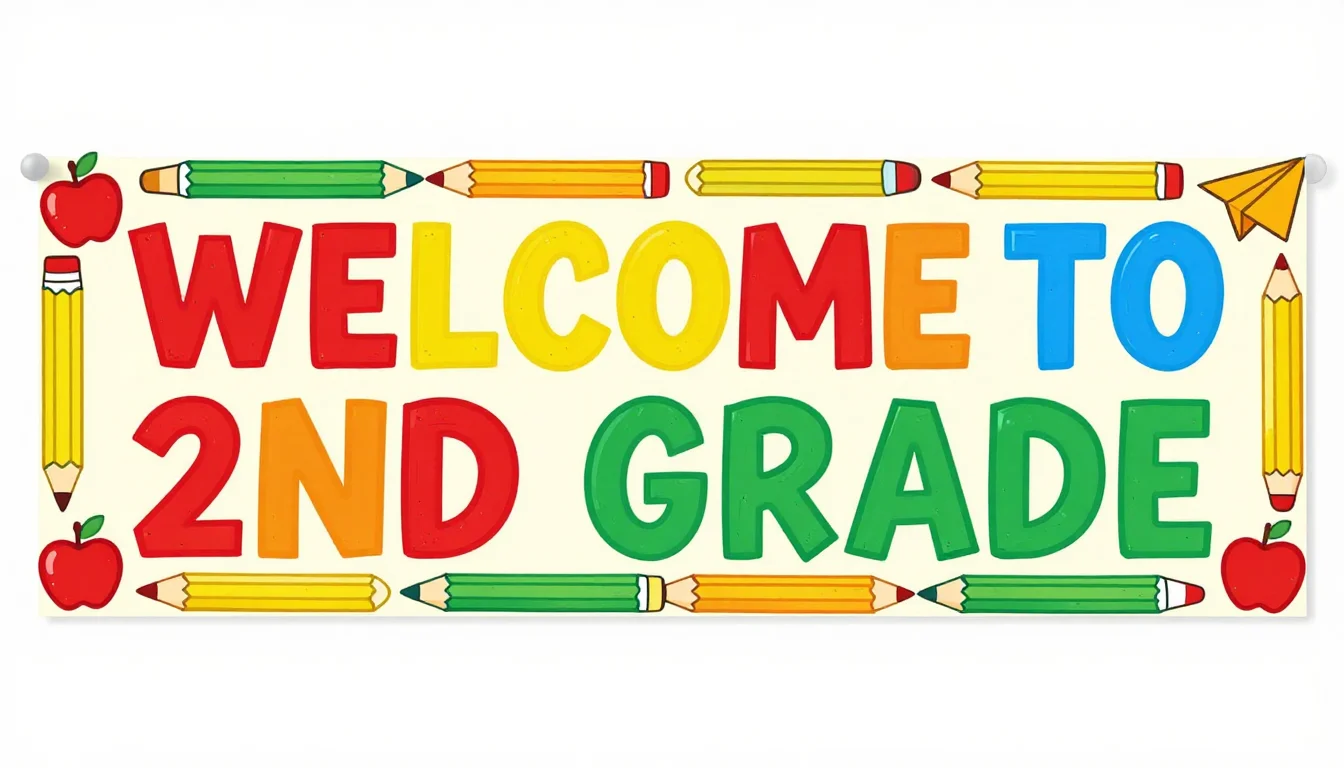 Welcome banners — the words "WELCOME TO 2ND GRADE" in fat friendly capitals inside a border of pencils, apples and paper planes, kindergarten poster art drawn with a thick marker line, fat rounded letterforms and simple hand-drawn motifs