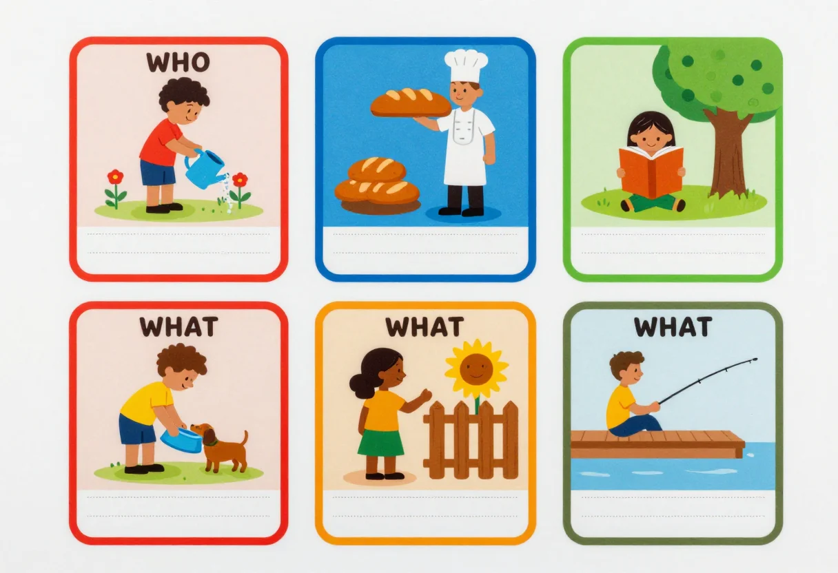 Wh-question cards — six cards on one landscape sheet with dotted cut lines, each a small scene of one figure doing something — a child watering flowers, a baker lifting a loaf, a girl reading under a tree, a boy filling a dog bowl, a woman painting a fence, a man fishing from a pier — the first three tagged "WHO" in the top corner and the last three tagged "WHAT", a blank writing band under each, a bright flat classroom card set, bold clean shapes with rounded corners, gradient-free fills and simple friendly figures across a range of skin tones