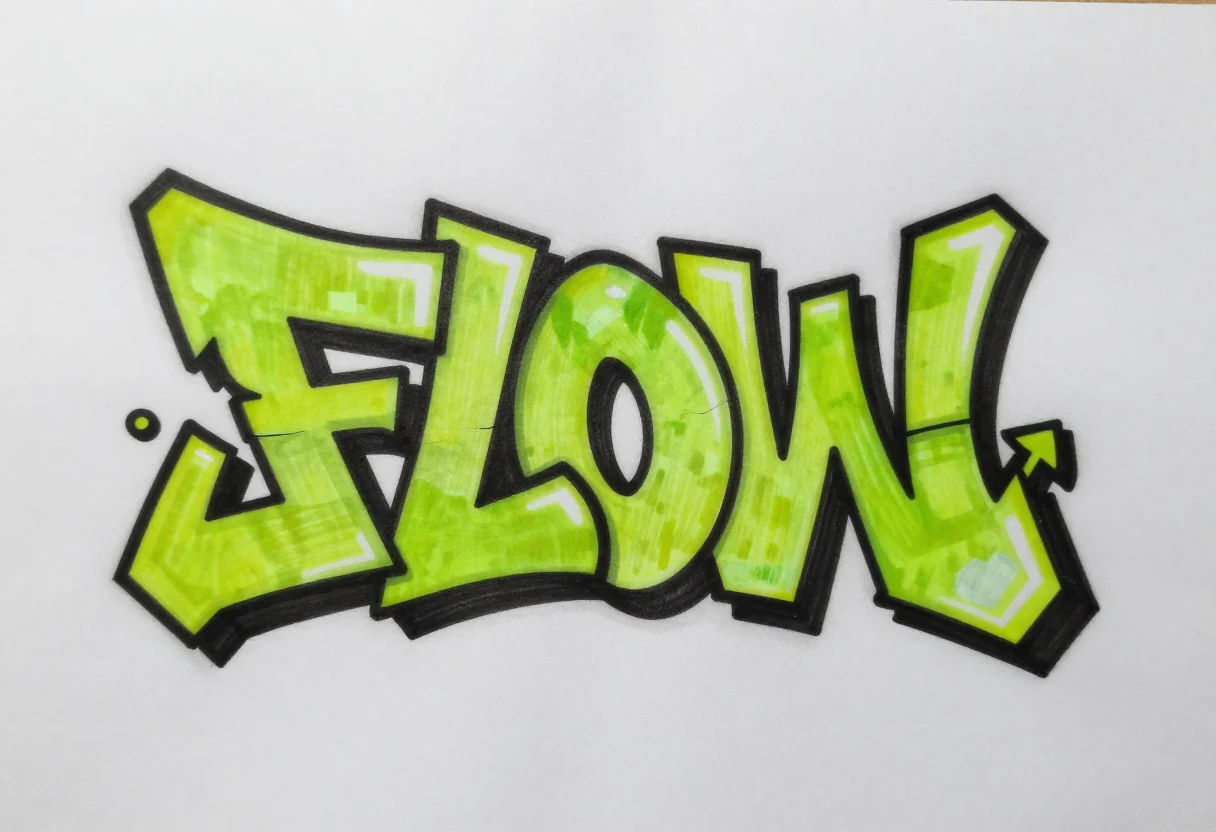 Wildstyle letters — the word "FLOW" as a wildstyle piece, interlocking letters with sharp arrows, cut-outs and a 3D edge, bright fill with a fade and white shine marks, drawn in marker and fineliner on sheet paper with clean confident linework and slight ink bleed