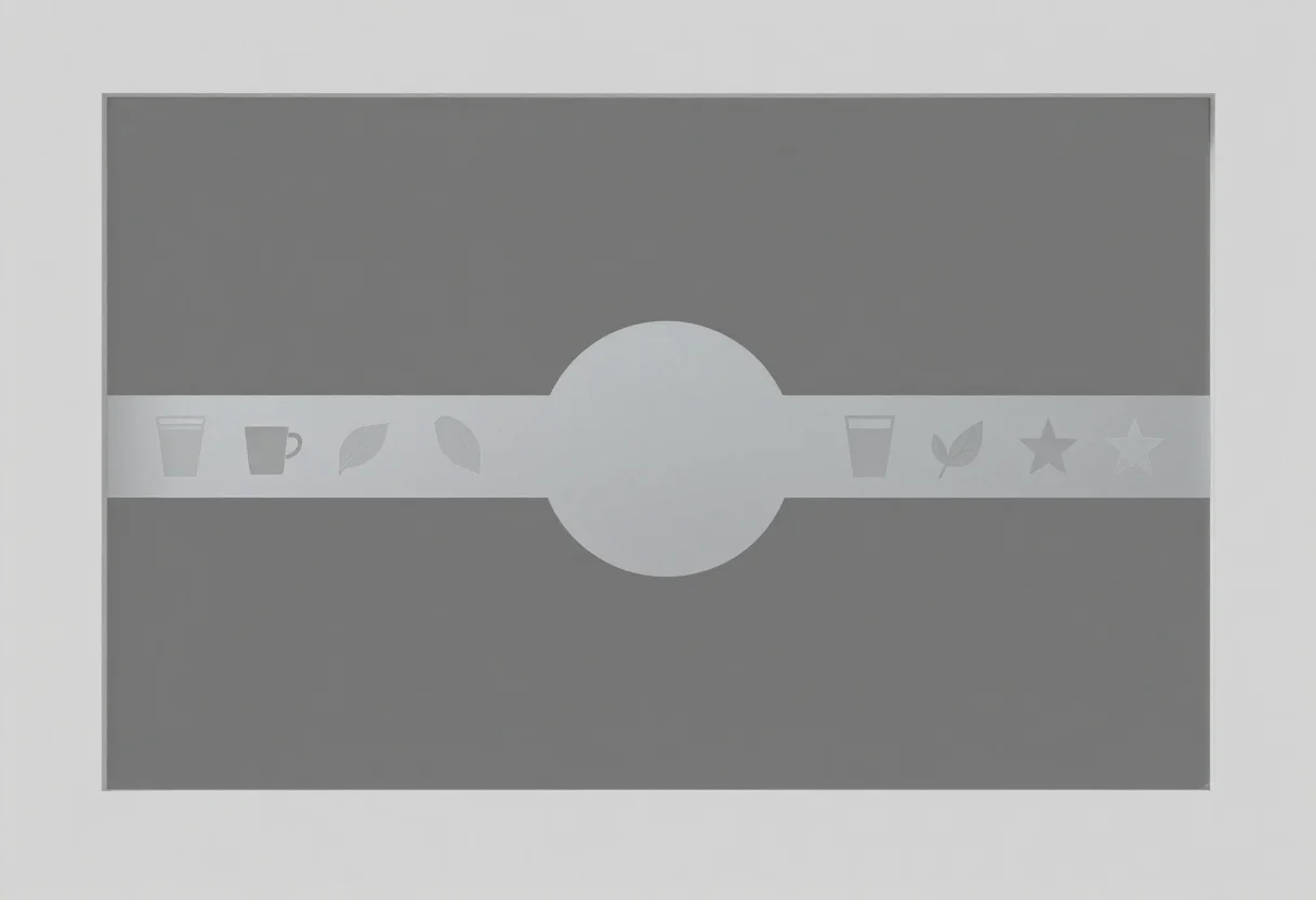 Window graphics — a wide band running the full width of the glass with an empty circle at its centre where a logo will sit and a row of small icons spaced along it, a cup, a leaf and a star, the glass above and below it left clear, frosted etched vinyl, translucent milky shapes with soft dusted edges and a fine sand grain reading against clear glass